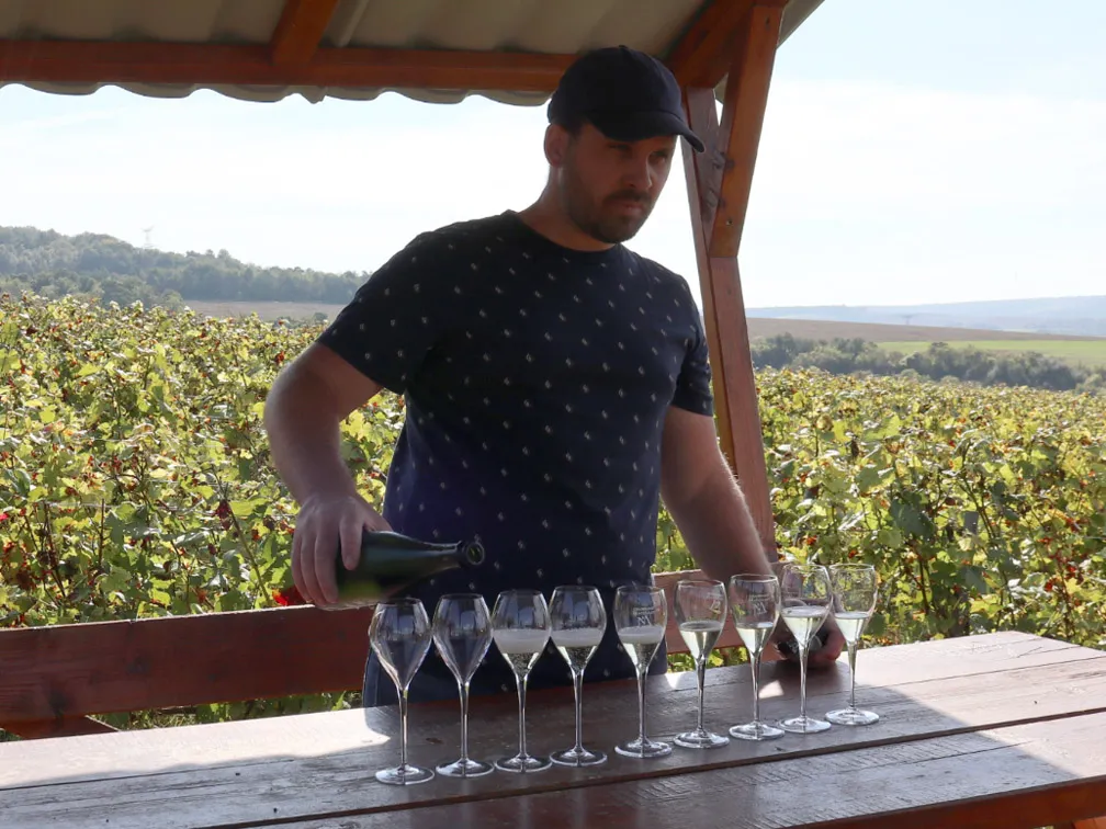 Service de flûtes alignées sur une table en bois, sous le kiosque, face aux vignes