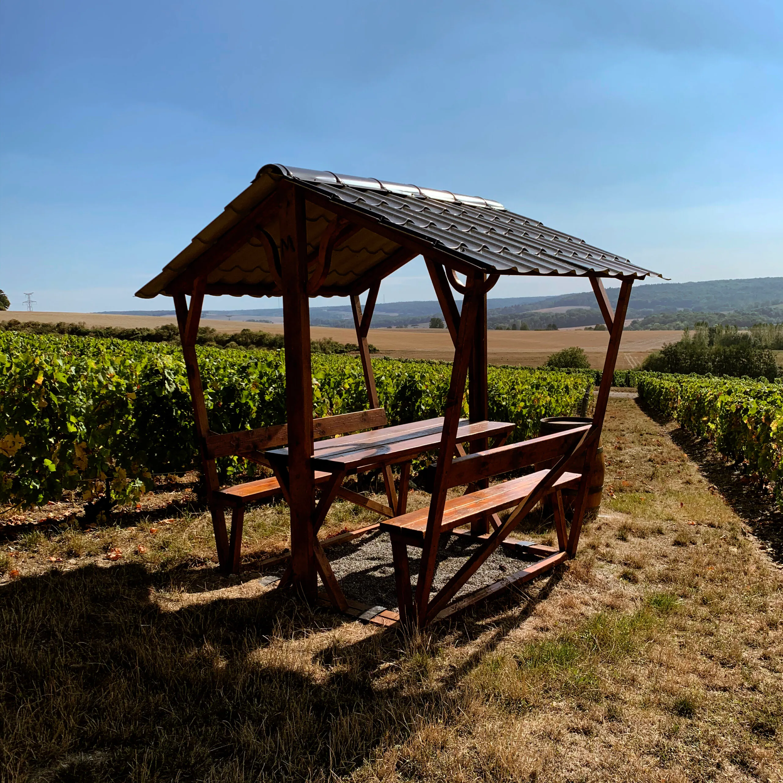 Kiosque en bois avec table et bancs au milieu des vignes, sous un ciel bleu